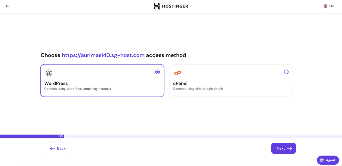 Hostinger access-method screen with WordPress and cPanel options.