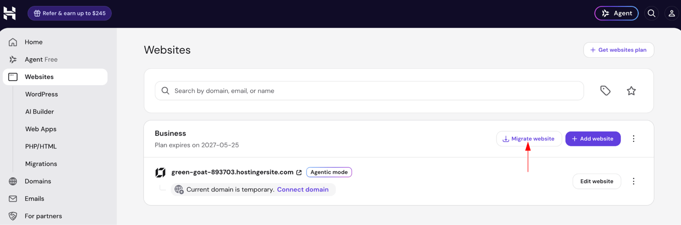 Hostinger Websites dashboard with an arrow pointing to Migrate website.
