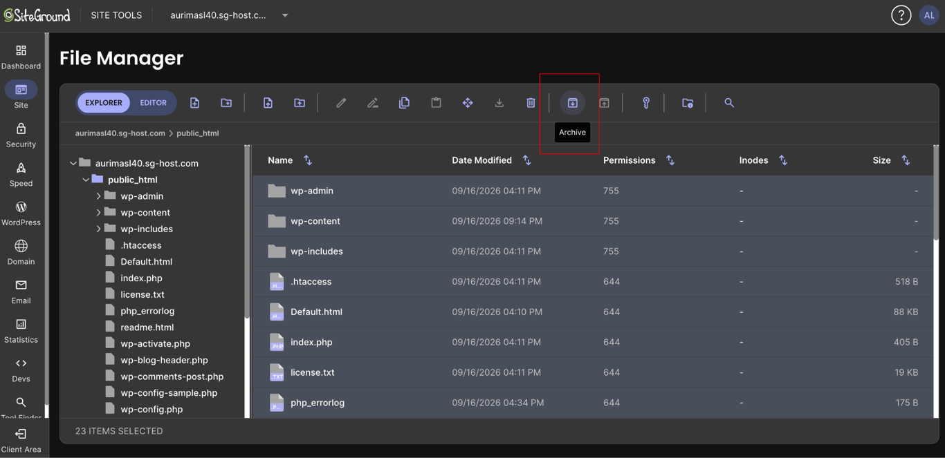 SiteGround File Manager with website files selected and the Archive toolbar button highlighted.