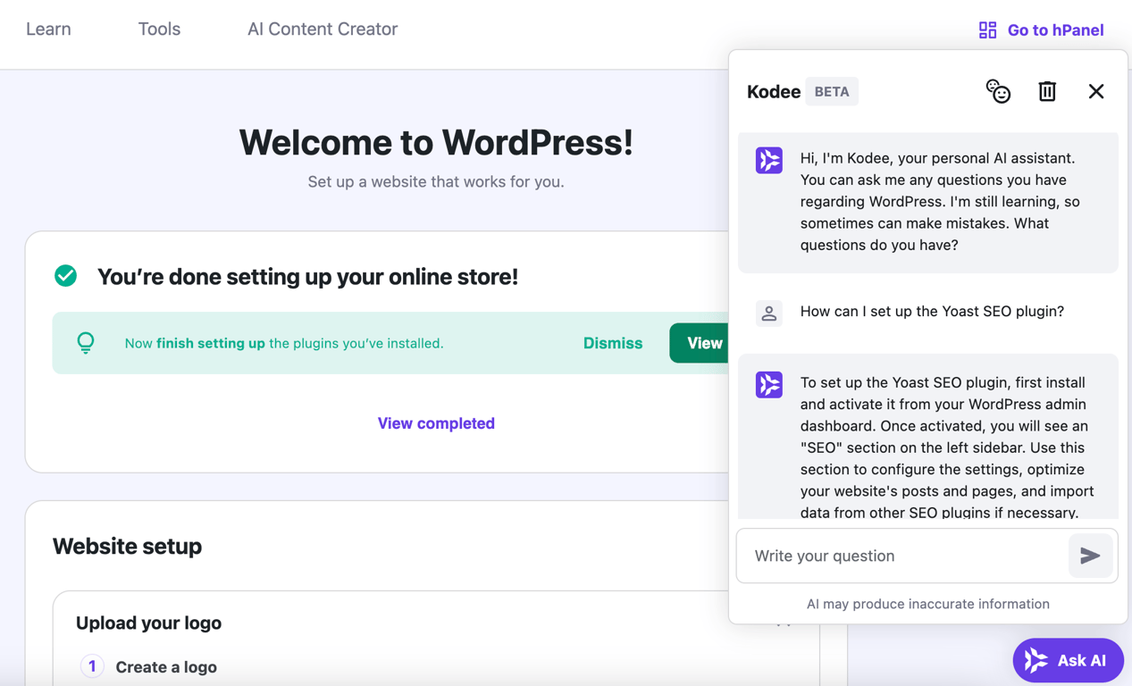 Kodee popup on WordPress admin area
