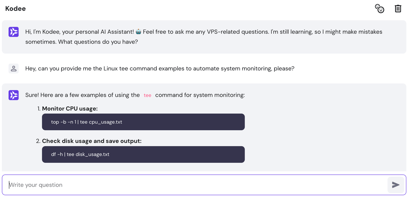 Demonstrating the Kodee usage to provide the Linux tee command examples