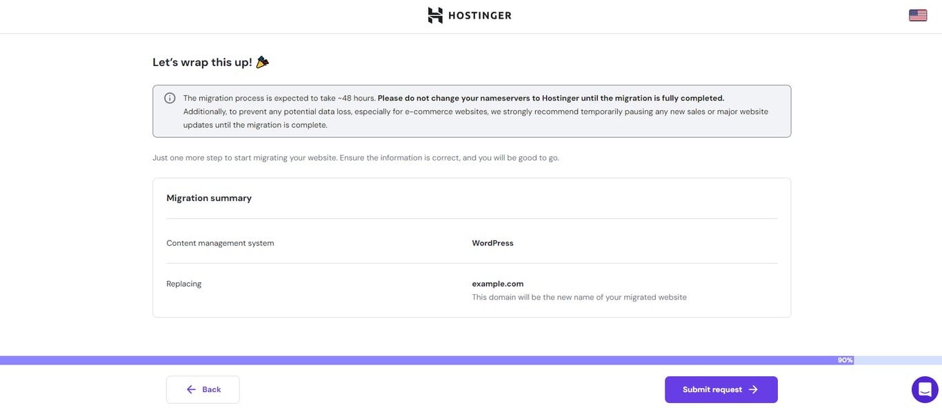 Hostinger's migration summary page
