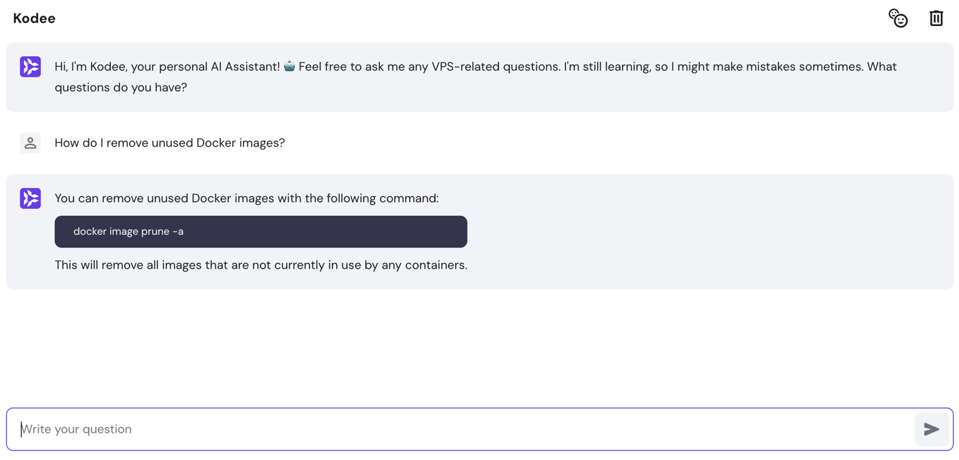 Using Kodee to ask about removing unused Docker images