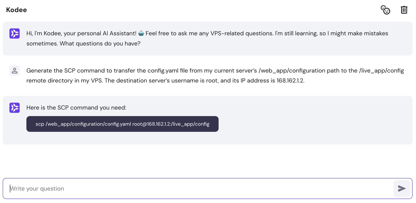 Kodee generates SCP command based on the user's prompt
