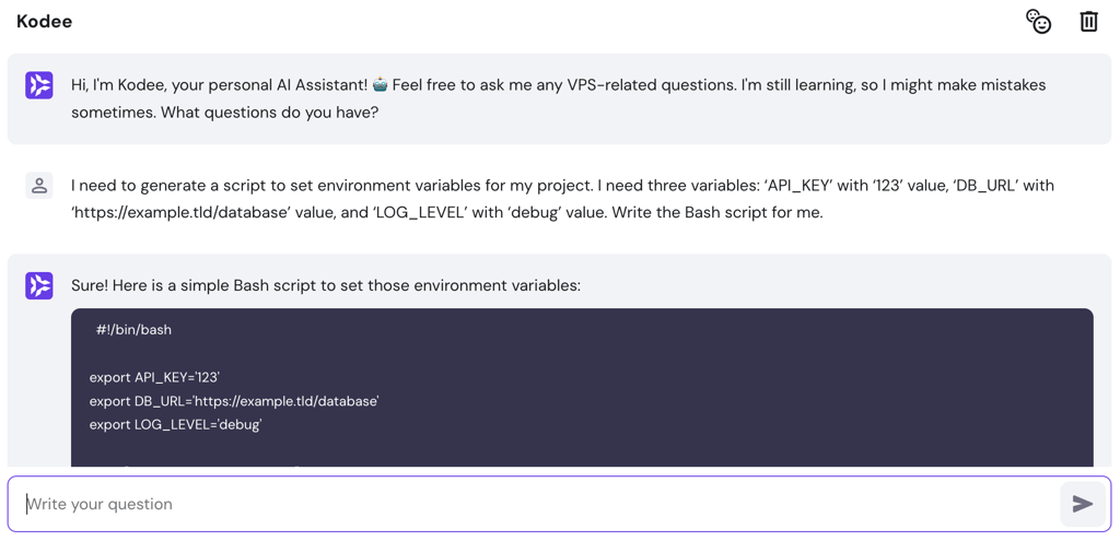 Kodee generates script for setting up environment variables