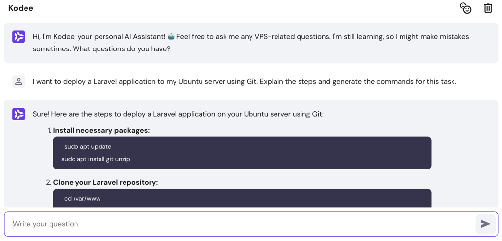 Kodee AI Assistant explains steps and commands for deploying Laravel