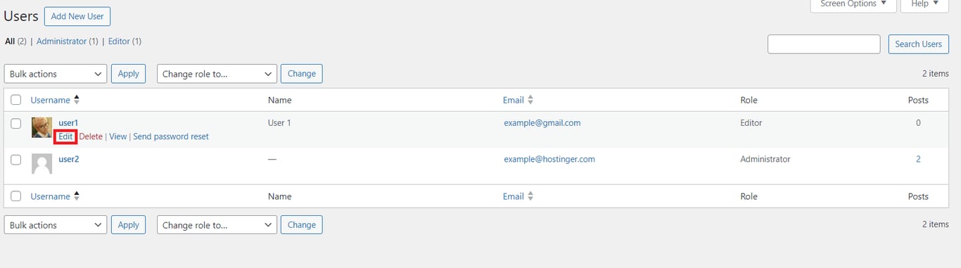 The Edit button is highlighted while hovering over the WordPress user profile