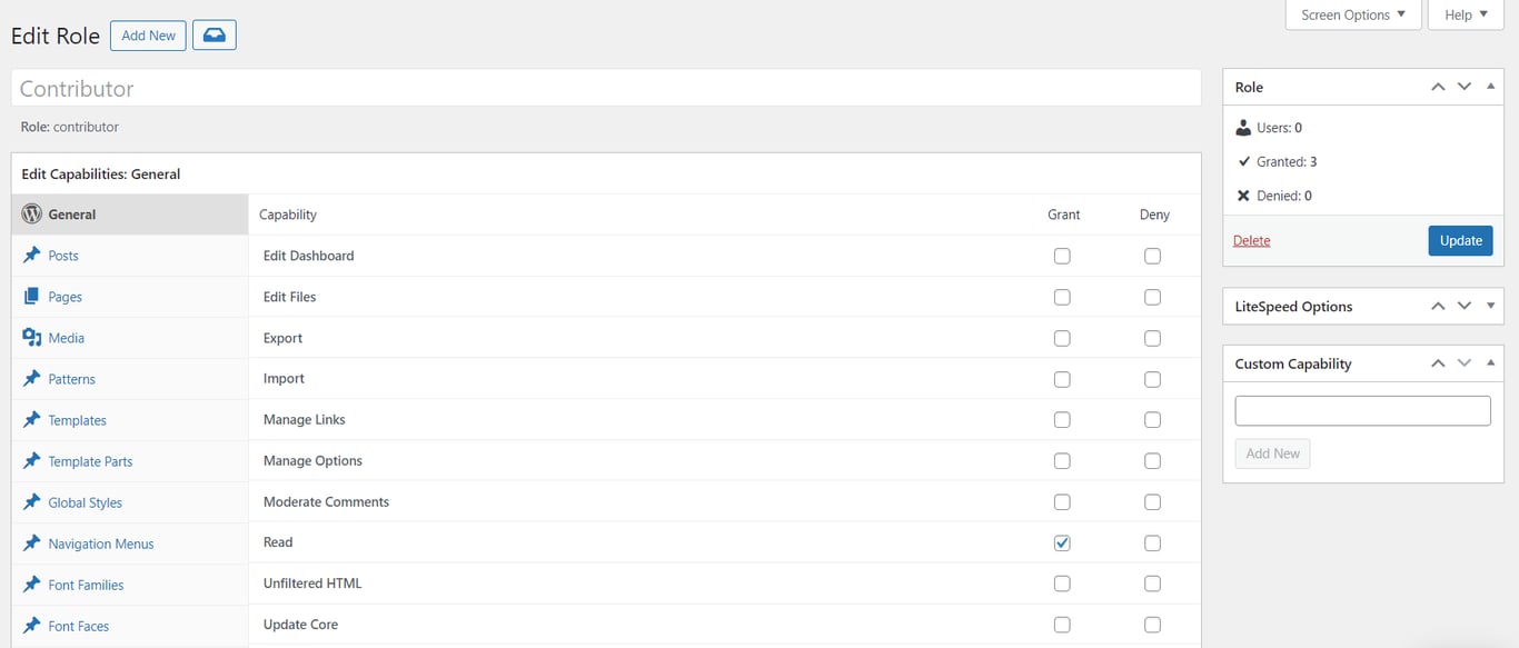 The Edit Role interface of the Members plugin