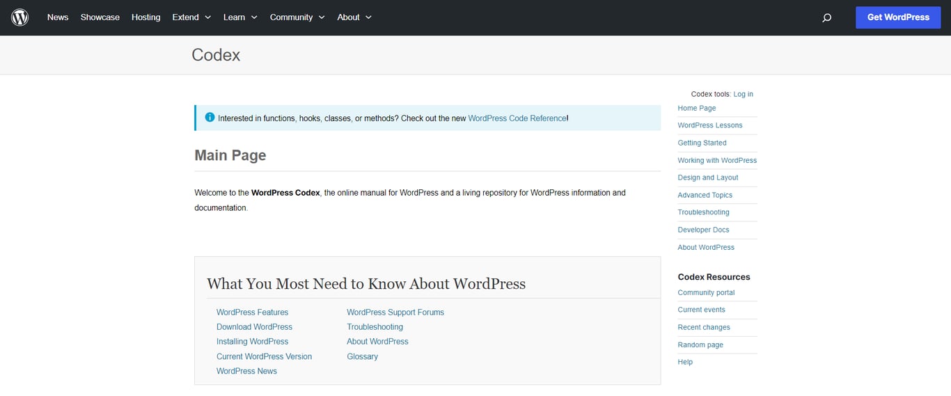 WordPress Codex's home page