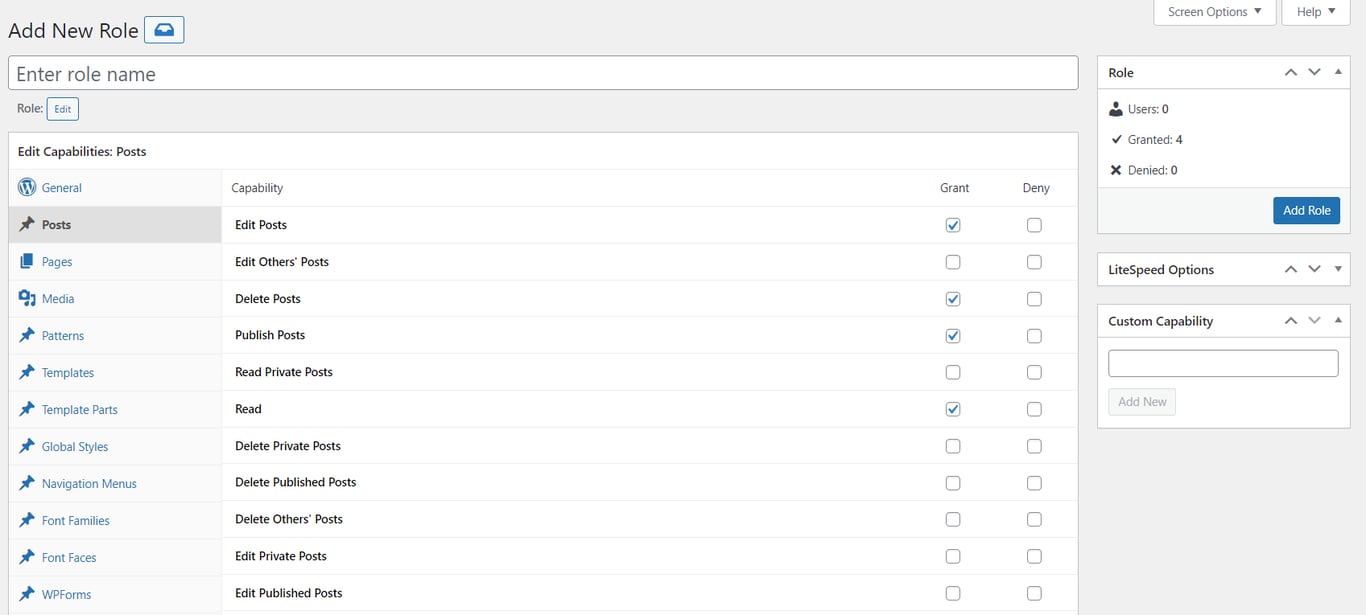The Add New Role interface of the Members plugin