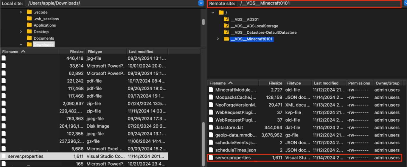 VDS Minecraft remote site and server properties displayed in FileZilla