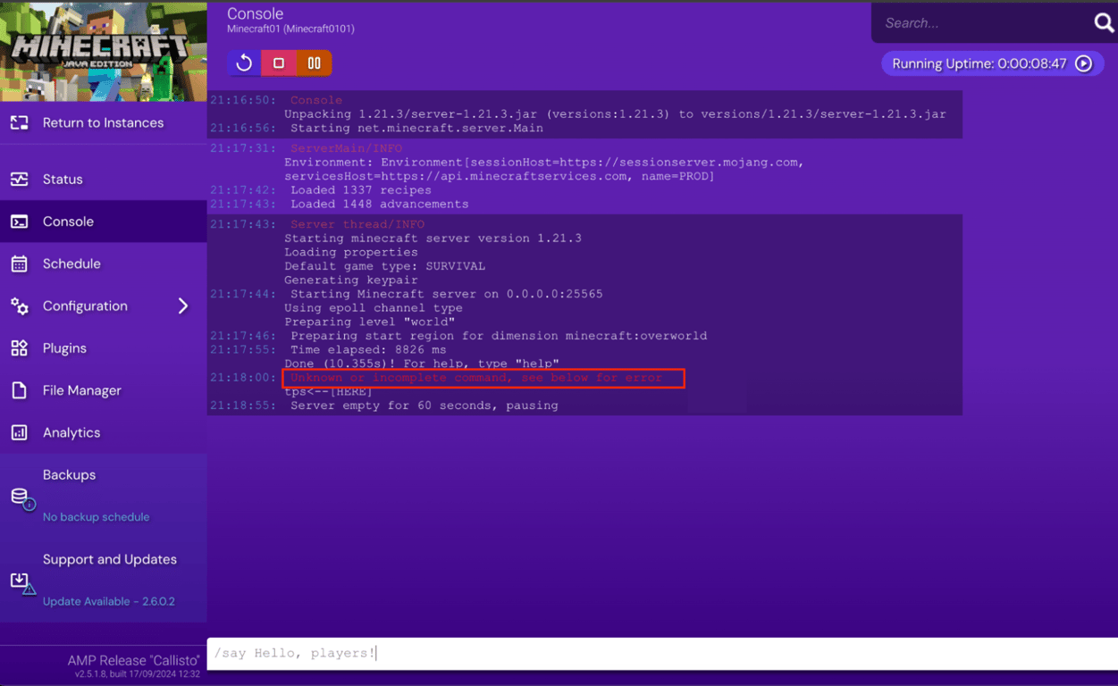 Monitoring performance in the Minecraft server console