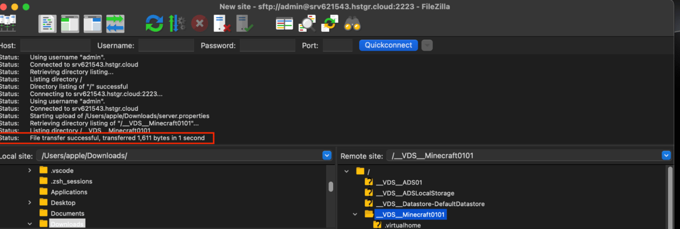 File transfer successful message in the FileZilla FTP