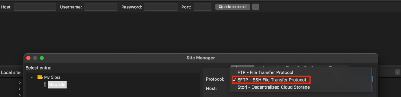 Selecting SFTP in the main FileZilla dashboard