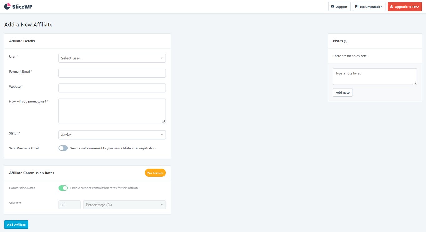 The Add New Affiliate page on SliceWP