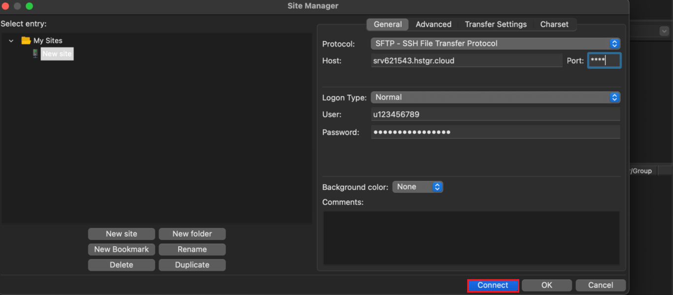 Setting up SFTP protocol in the FileZilla dashboard with the highlighted Connect button