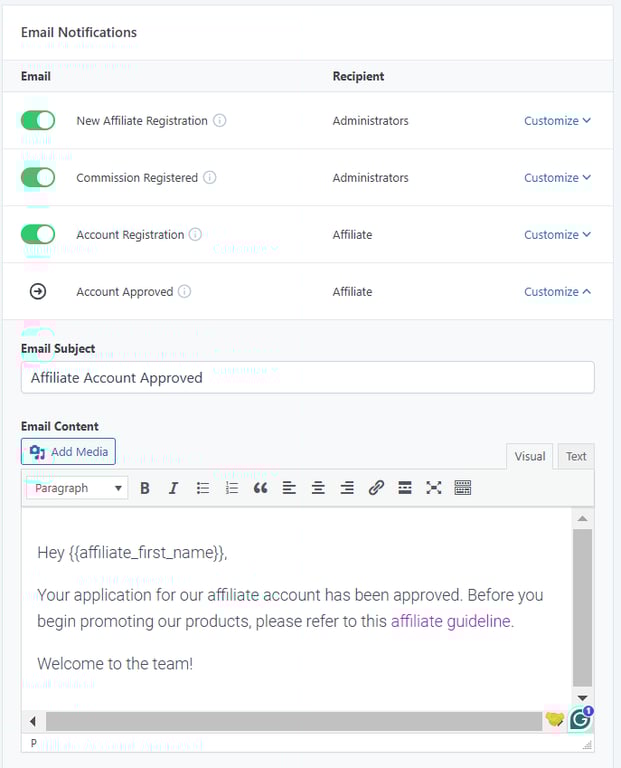 The email notification message customization section on SliceWP's Settings