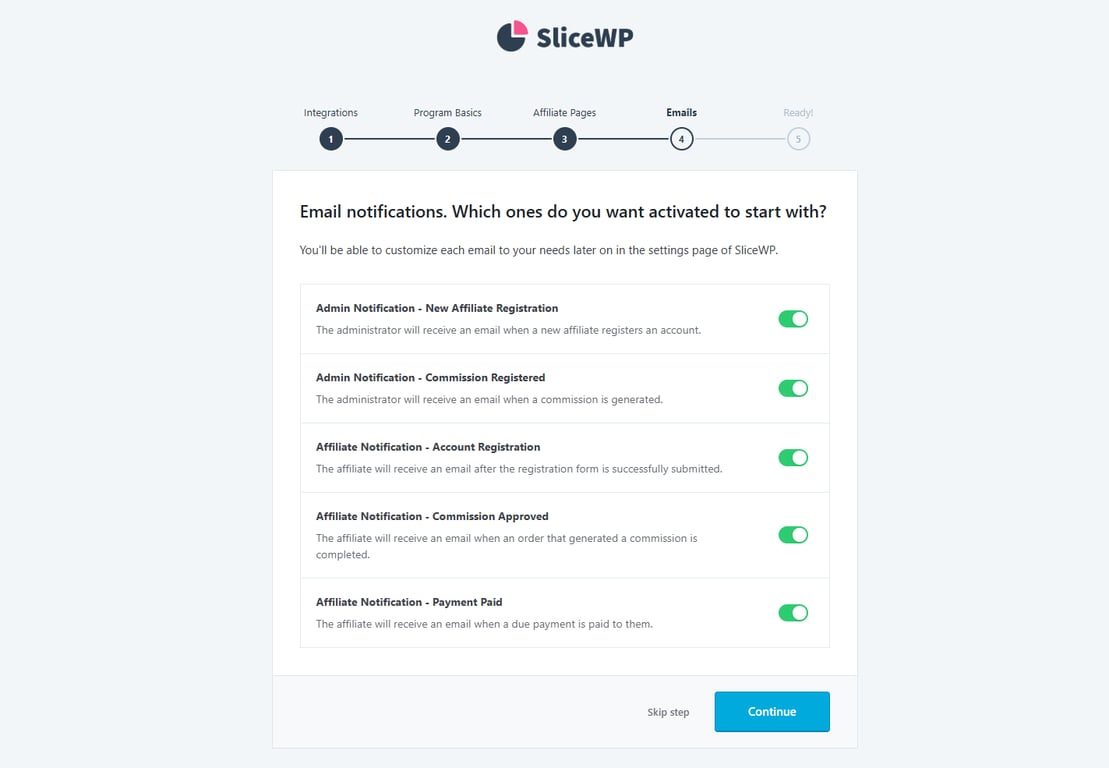 The email notification settings page on SliceWP's initial setup wizard