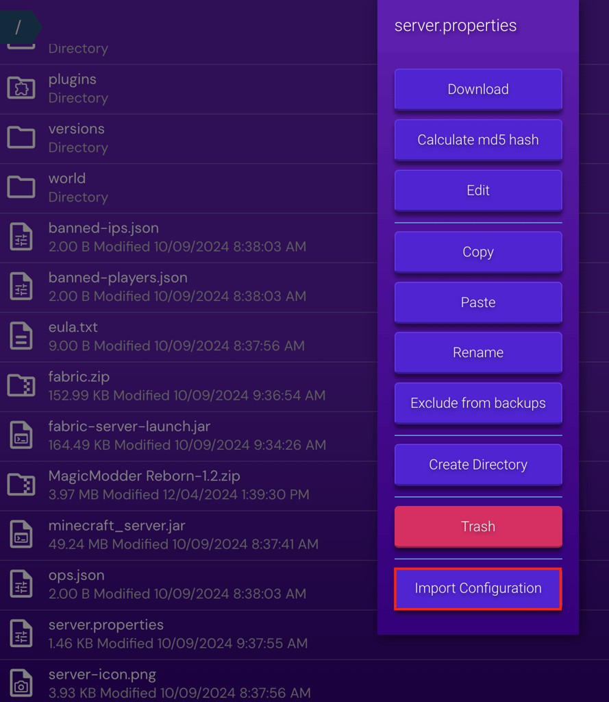 The Import Configuration button in Game Panel's File Manager