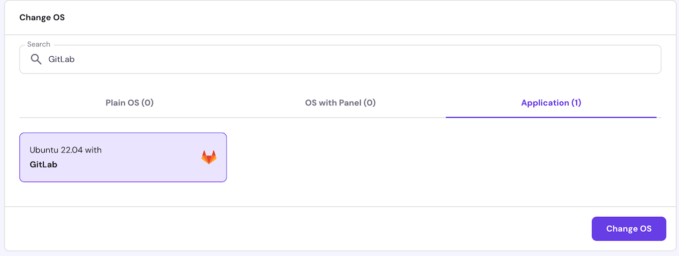 GitLab template on Hostinger VPS OS management page
