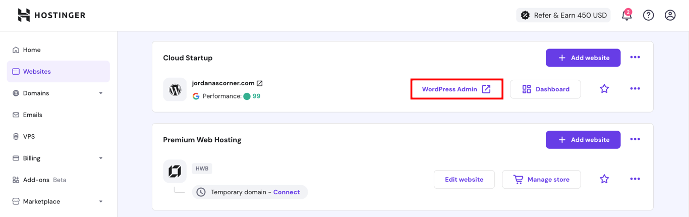 Hostinger hPanel dashboard, highlighting the button to access WordPress admin dashboard
