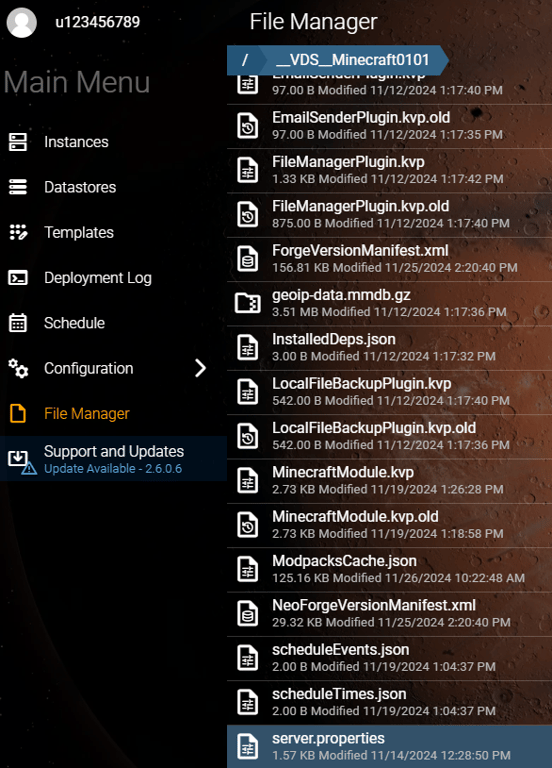 The Hostinger Game Panel's File Manager, showing the Minecraft server.properties file highlighted