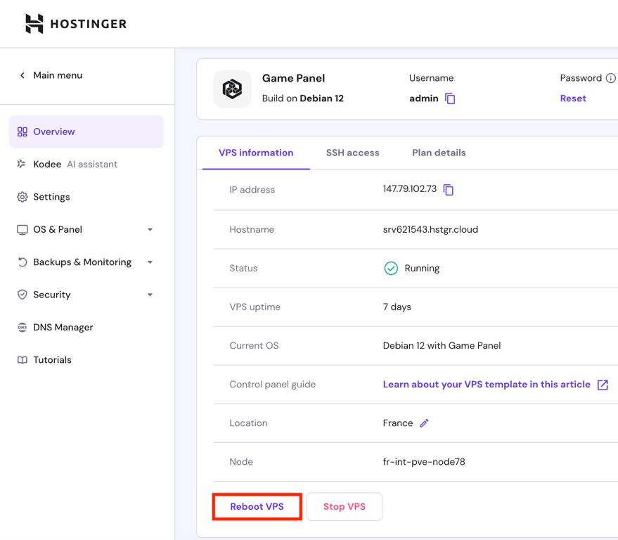 screenshot showing the 'reboot VPS button.'