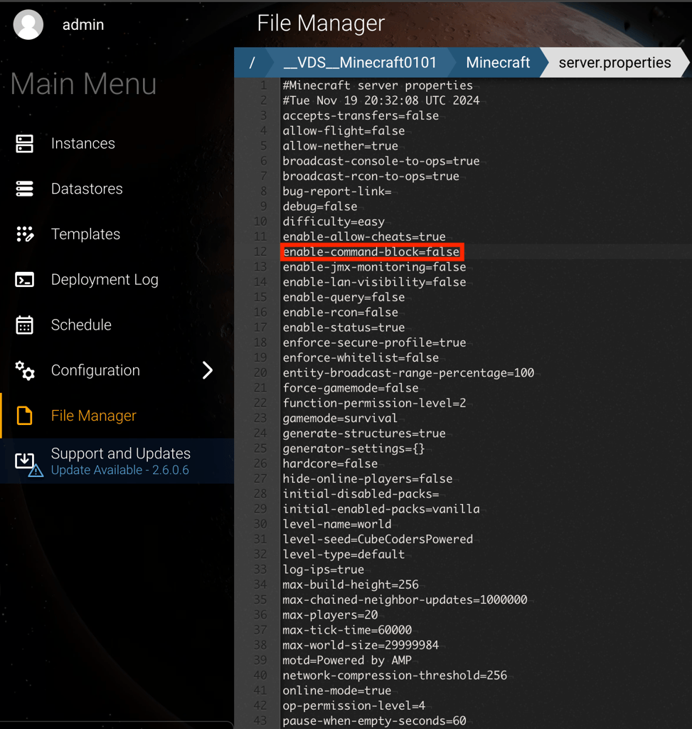 screenshot of command blocks in server.properties file set to false