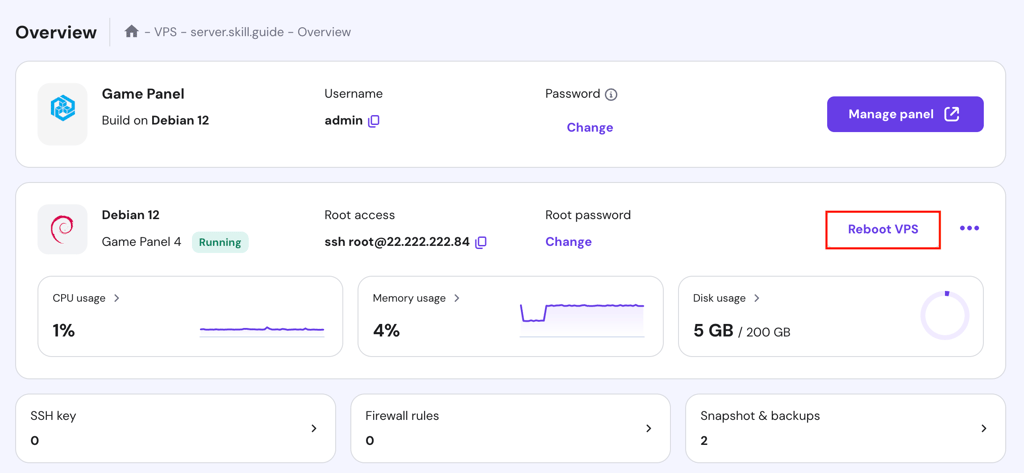 Hostinger's hPanel overview of game panels and the button to reboot VPS