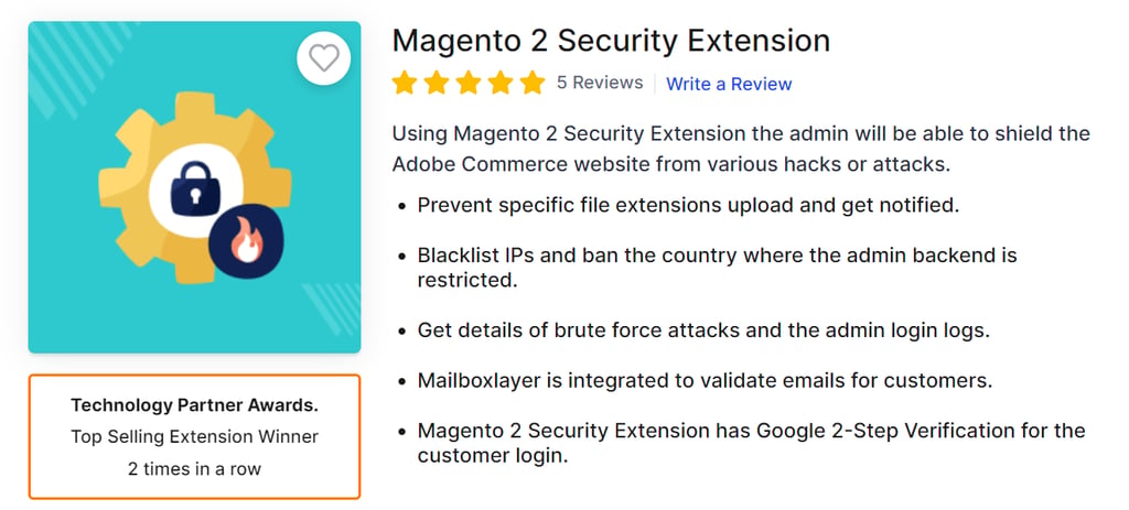 Webkul's Magento 2 security extension product page showing its overview and logo
