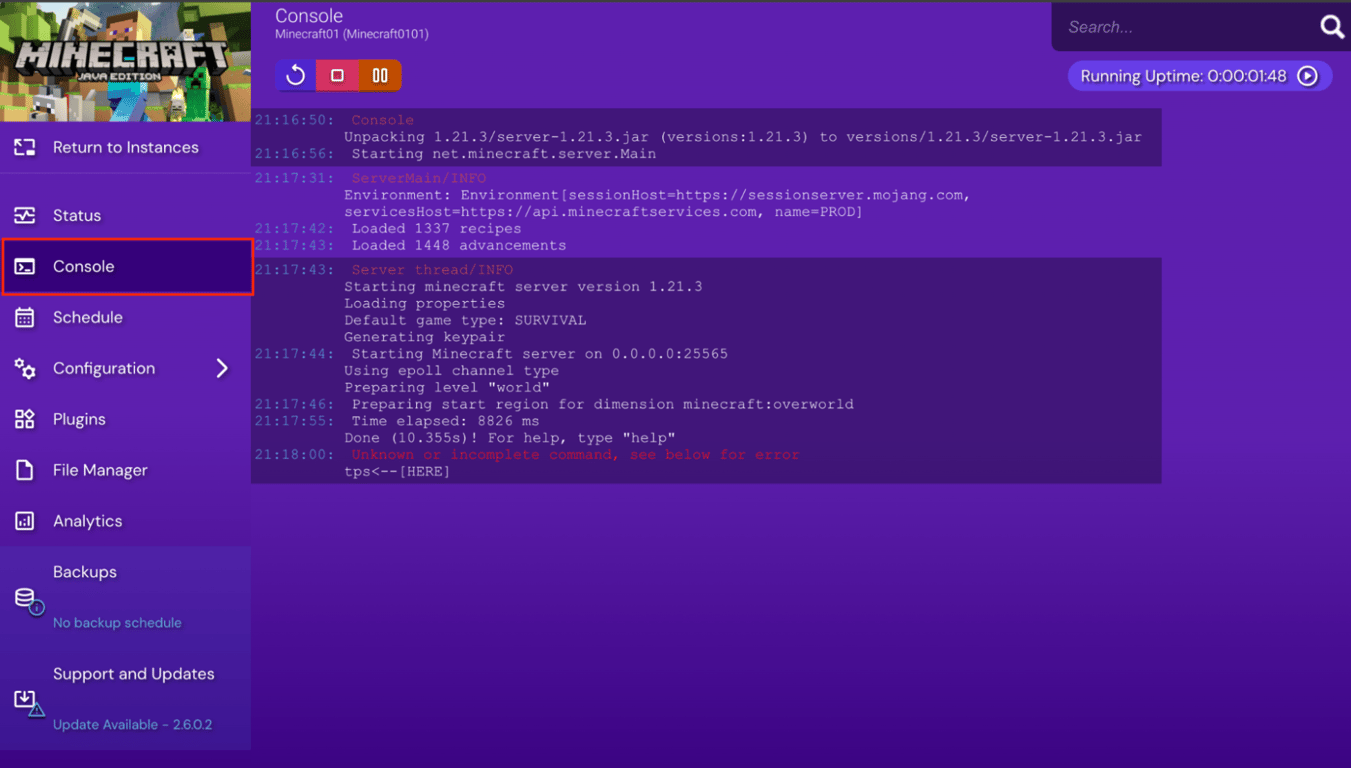 Real time logs and messages from the Minecraft server in the VPS Console