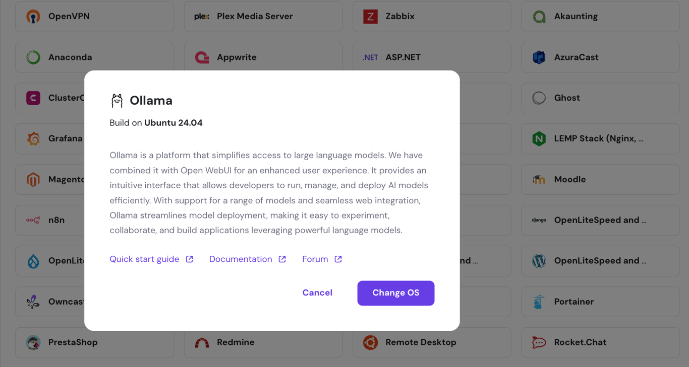 The Ollama VPS template pop-up in hPanel dashboard.