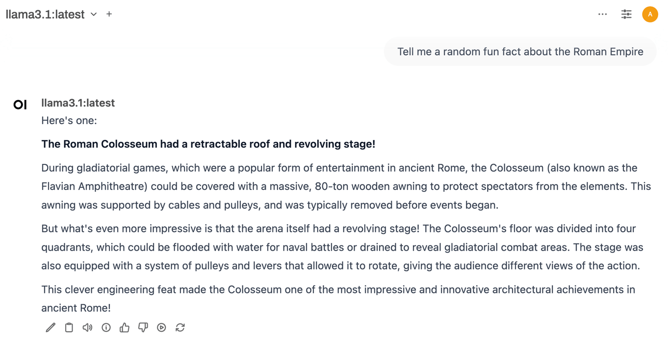 Llama 3.1's response to a prompt in Open WebUI