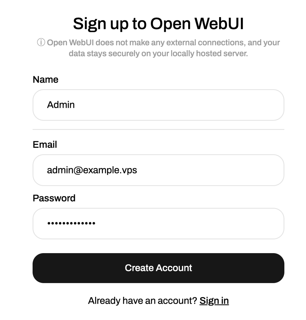 The sign up form in Open WebUI