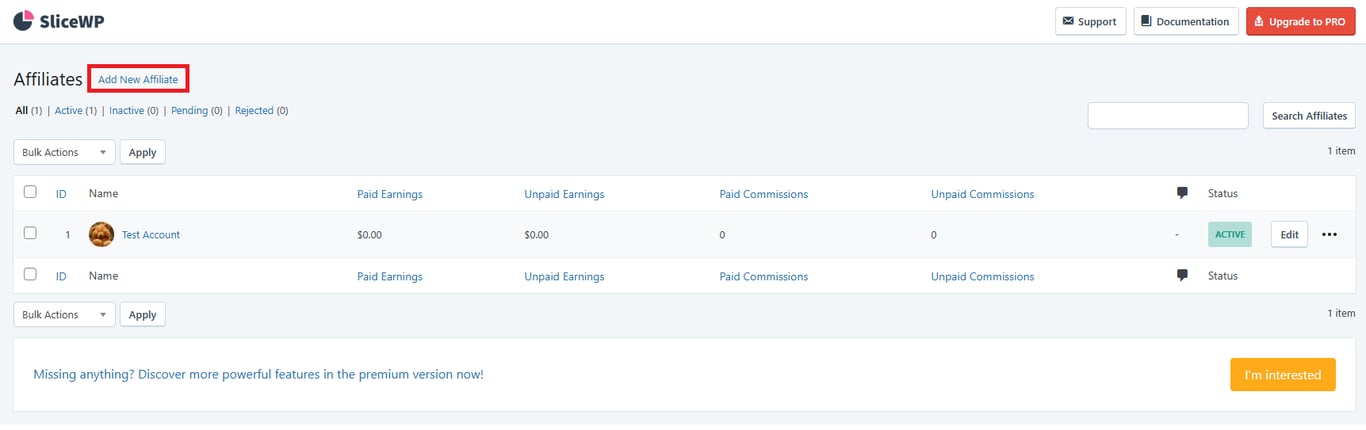The Add New Affiliates button on SliceWP's Affiliate menu
