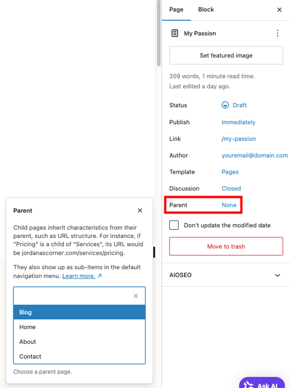 WordPress page editor, highlighting the parent page attribute
