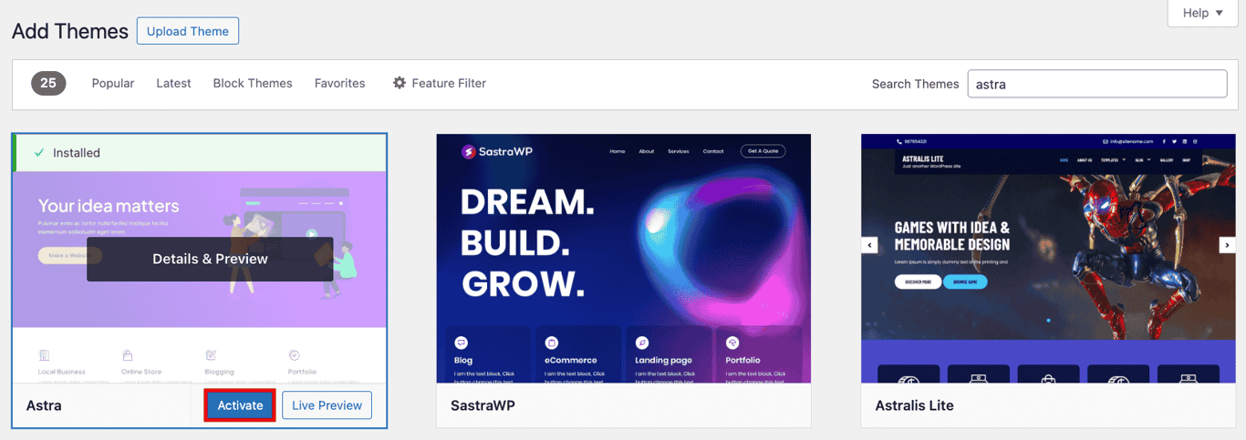 Activating a newly installed WordPress theme