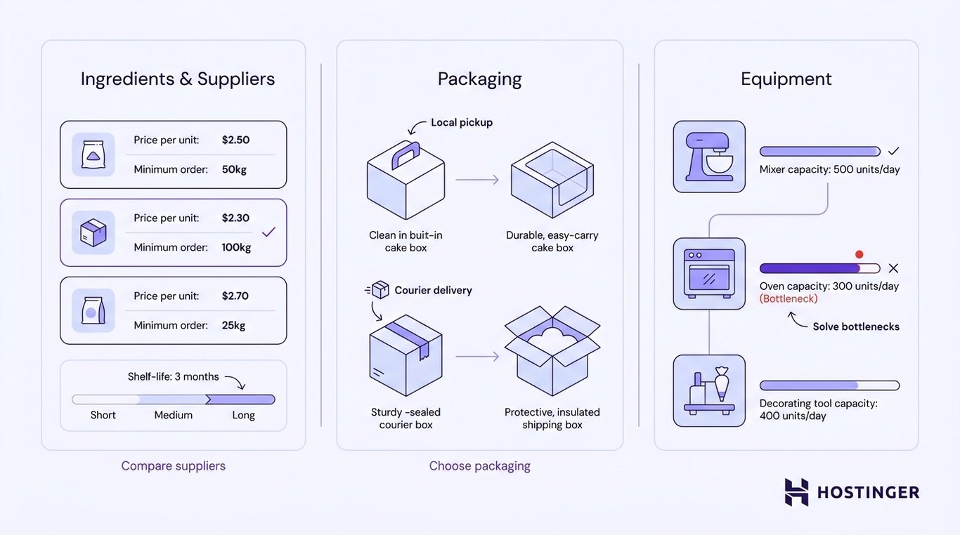 Three-column diagram showing ingredient sourcing with supplier comparison, packaging choice by delivery method, and equipment selection based on production bottlenecks.