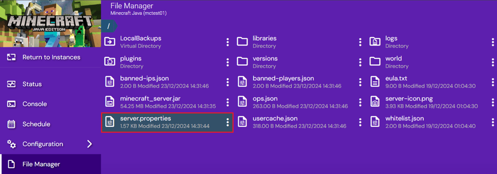 Server files presented in File Manager