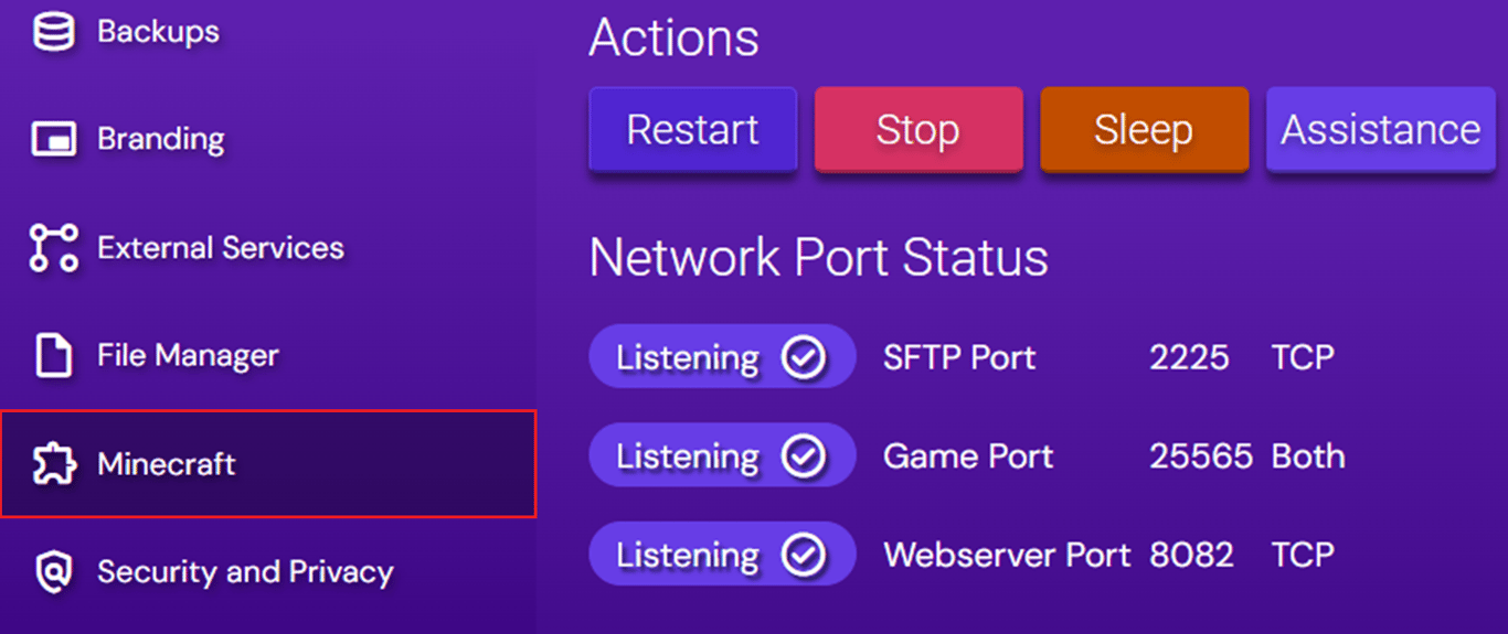 Hostinger Game Panel Instance Configuration sidebar