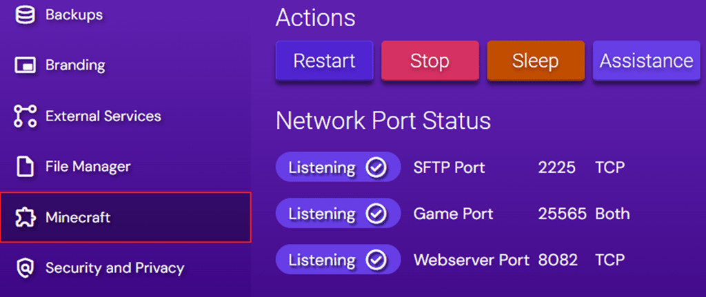 Hostinger Game Panel Instance Configuration sidebar