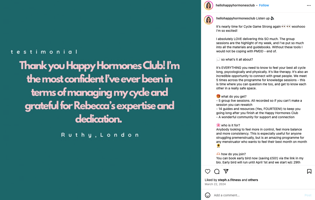 Rebecca Eldridge's Instagram post promoting her group sessions