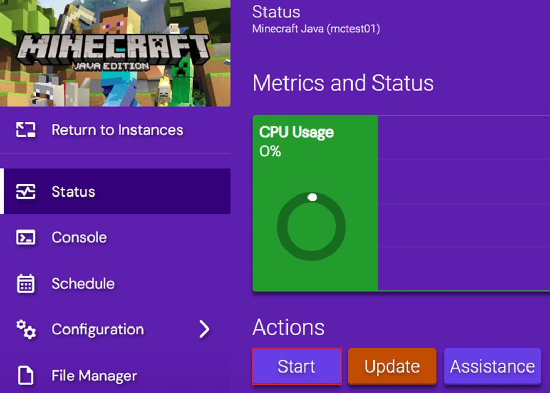 Instance view with "Start" button highlighted.