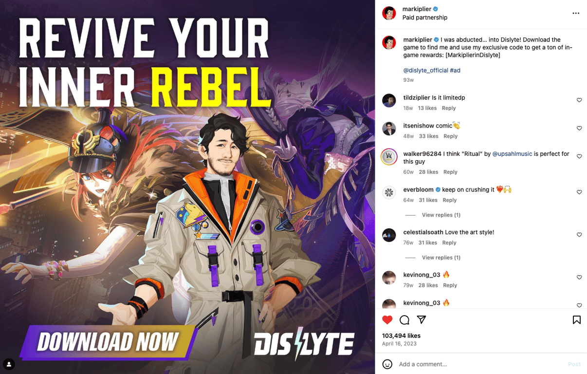 Markiplier's sponsored post