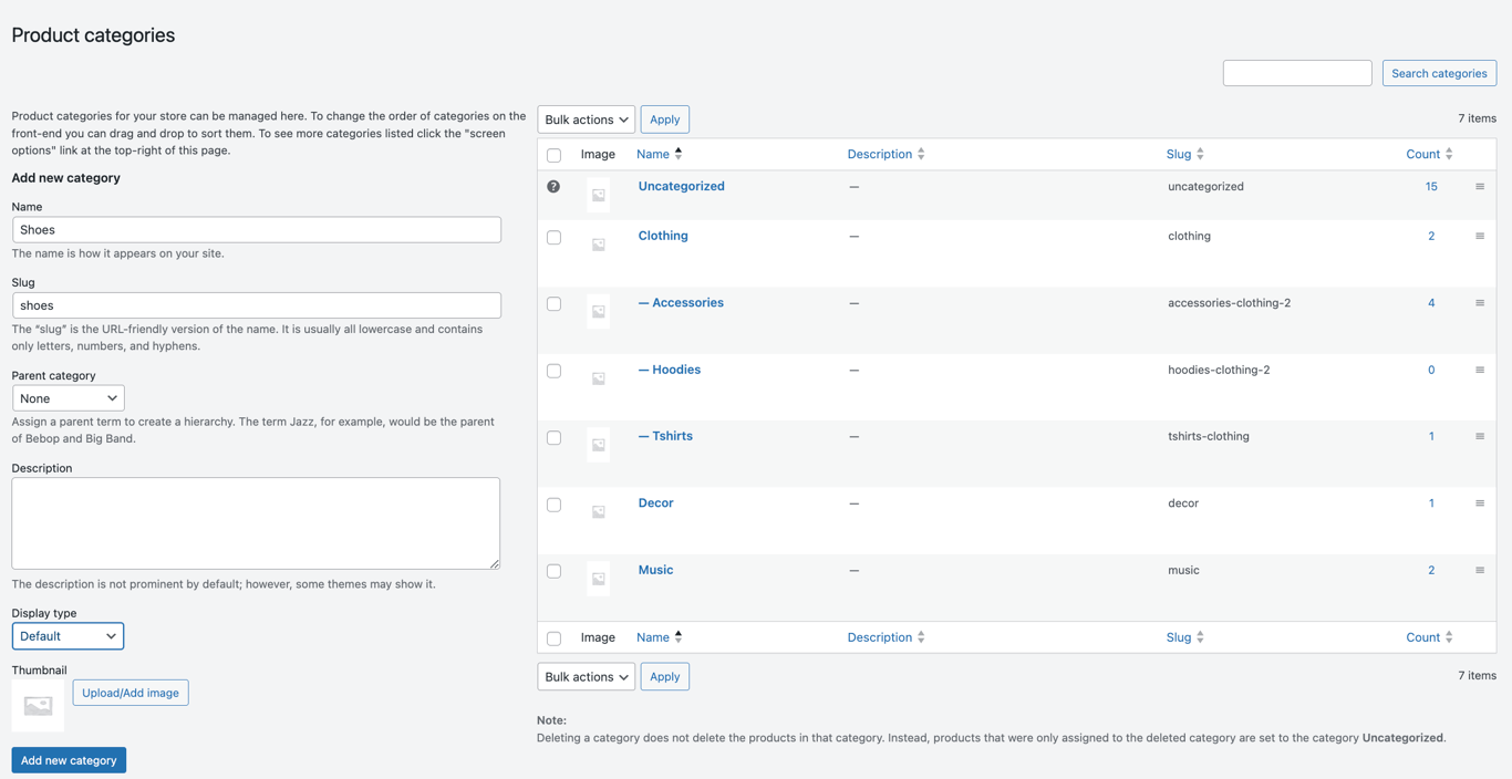 WooCommerce Product categories interface