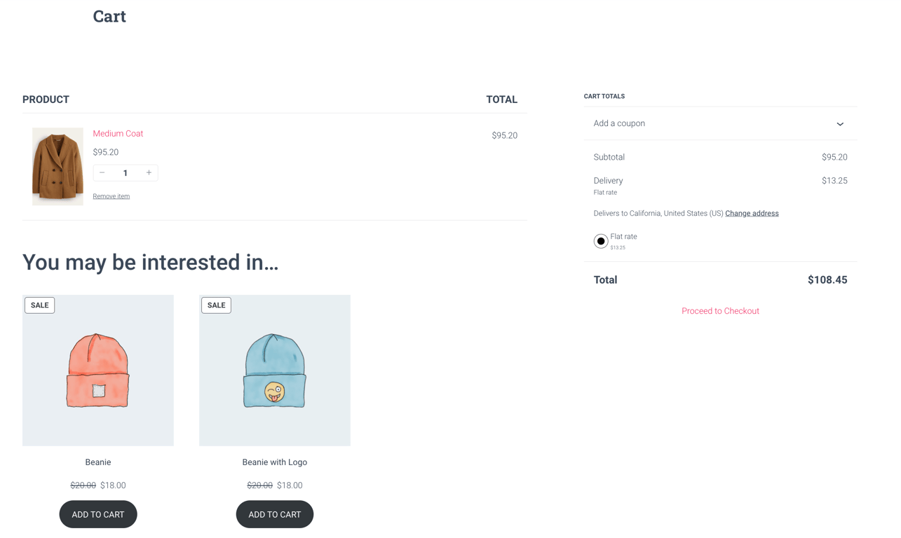 WooCommerce cart page showing two cross-sells related products