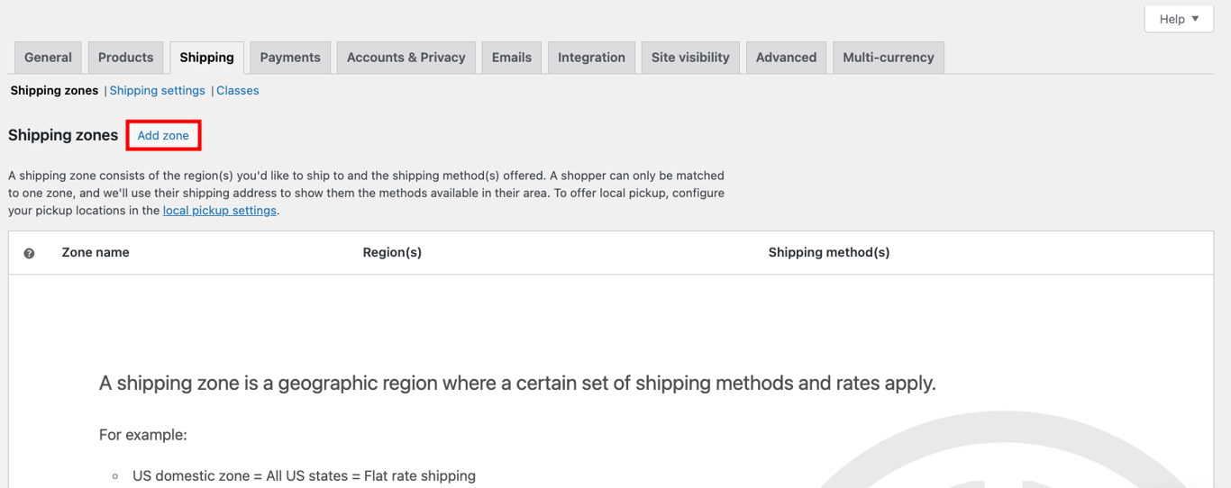 WooCommerce shipping zone setting, highlighting the button to add a new zone