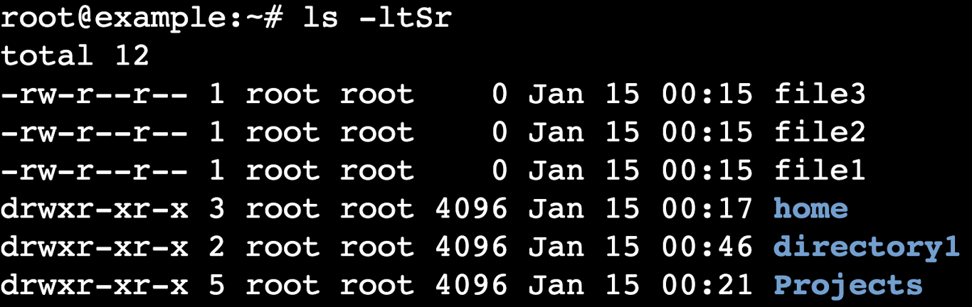 The ls -ltSr command's output in the terminal