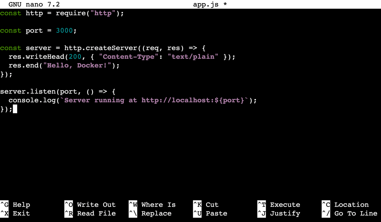 The app.js file content viewed through the nano text editor