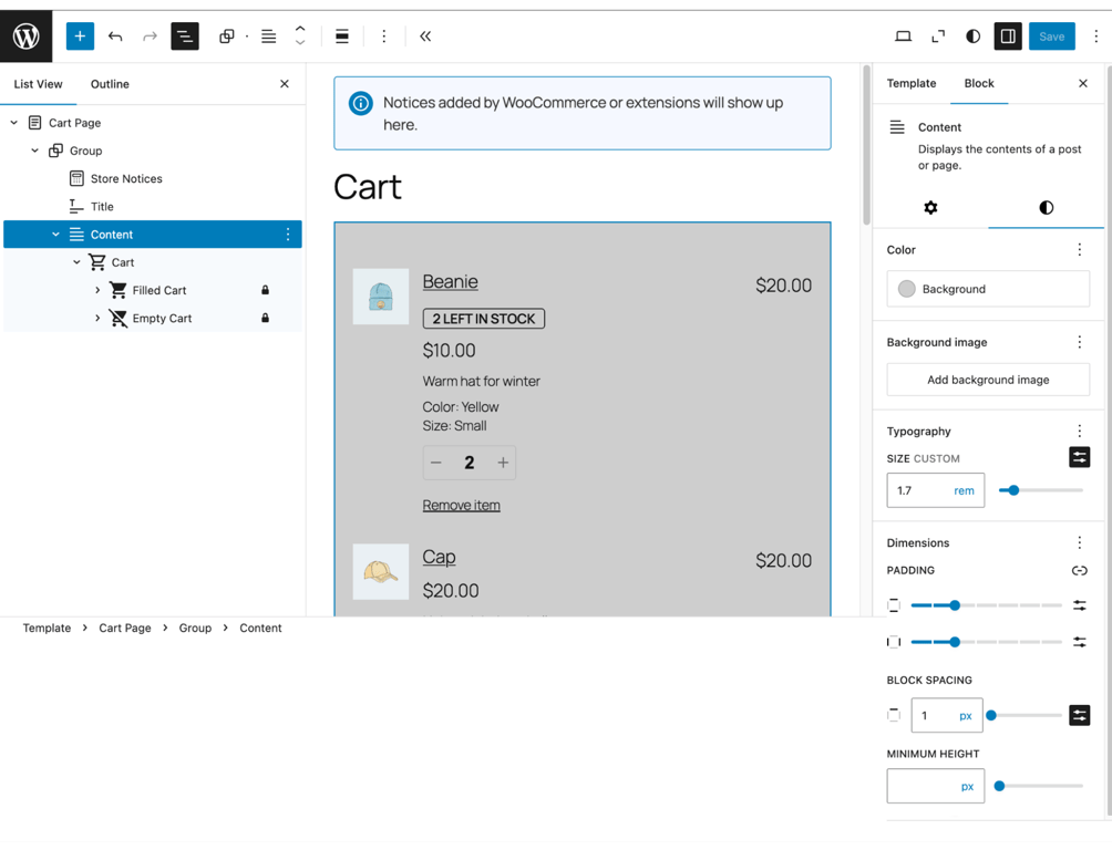 Editing the cart template with Gutenberg blocks